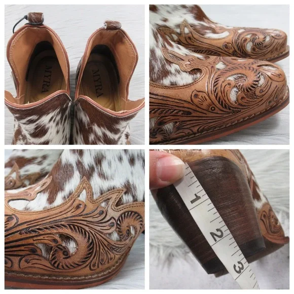 MYRA Western Boho Horse Jane Tooled Leather Hairon Calf-Hair Ankle Booties 10 - Picture 8 of 11